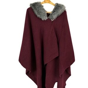 Kate & Mallory Poncho Women OSW Burgundy Excellent Faux Fur Collar Cape Wrap